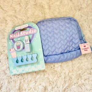 Mine 2 Design Nail Studio Set & Blue Heart Quilted Puffer Cosmetic Bag NWT
